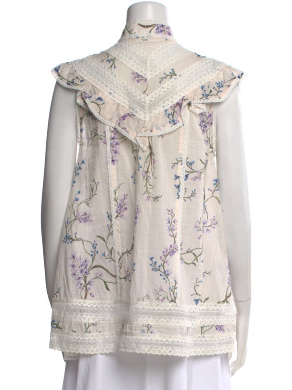 Zimmermann Cream Floral Lace-Trim Ruffle Yoke Sleeveless Top